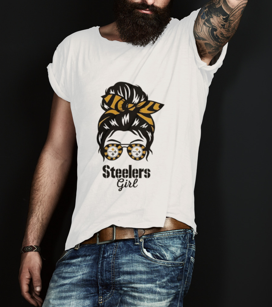 Pittsburgh Steelers Girl Messy Bun Glasses Black Gold Fan T-Shirt