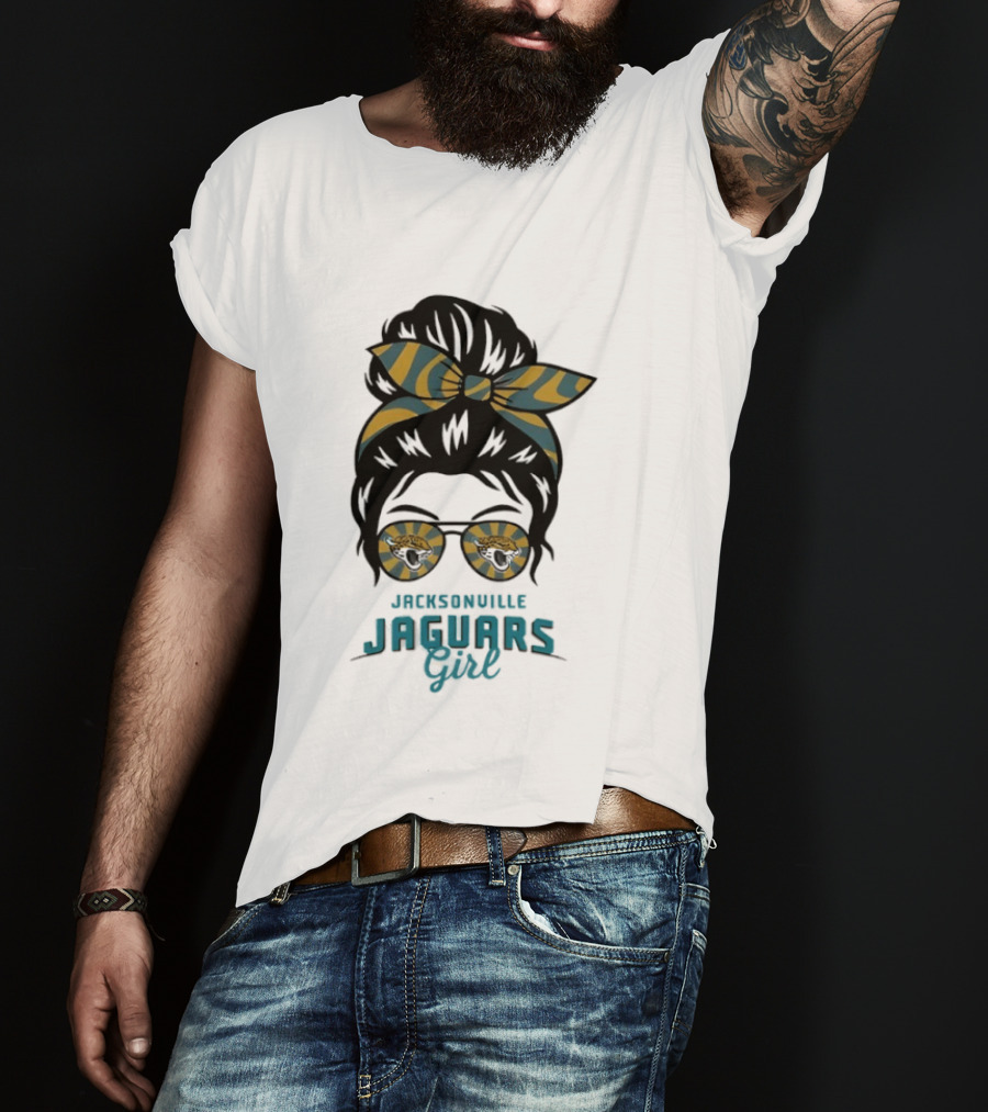 Jacksonville Jaguars Girl Messy Bun Glasses Bow Fan Spirit T-Shirt
