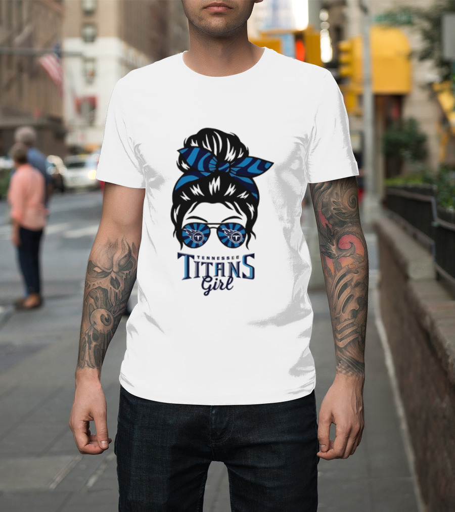 Tennessee Titans Girl Messy Bun Glasses Bow T-Shirt