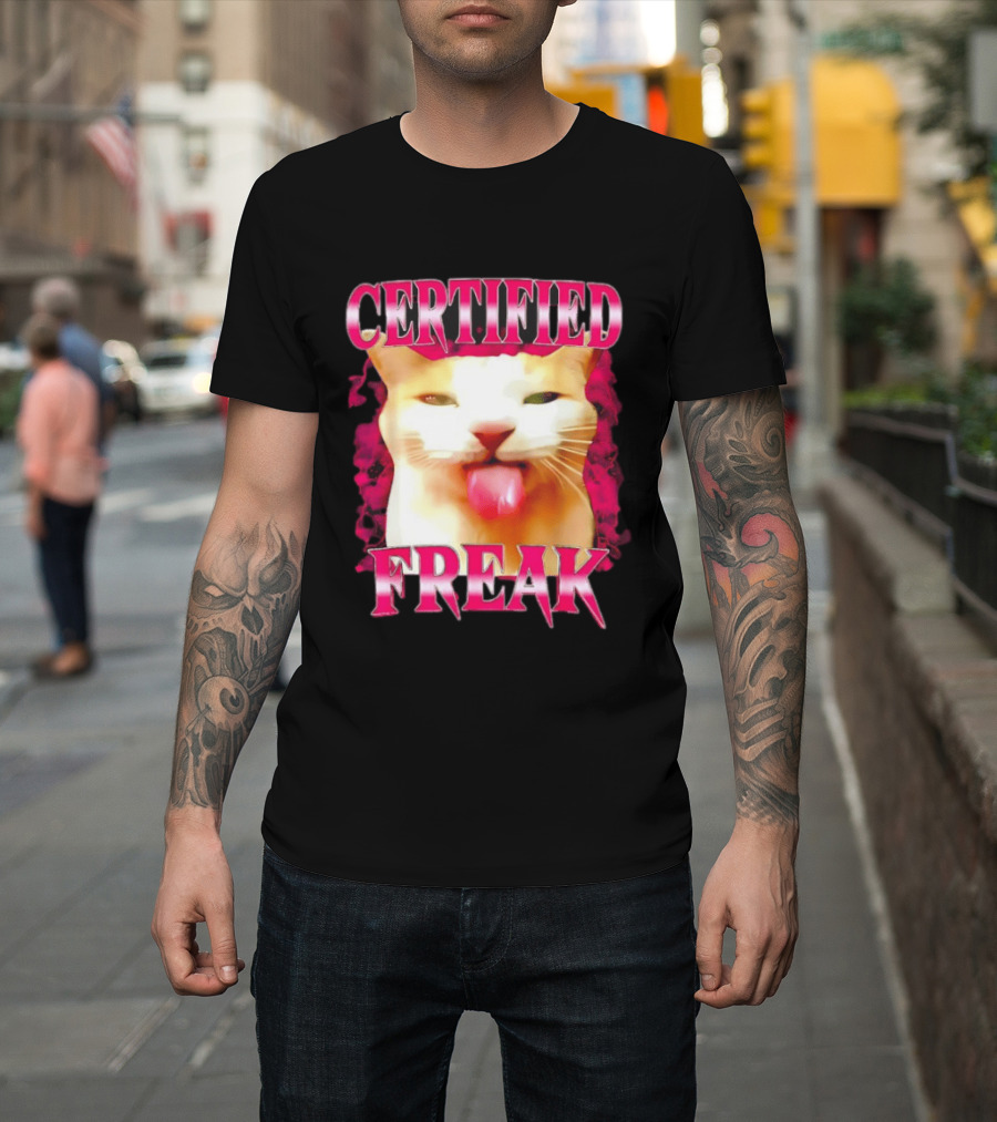 Certified Freak Cat Tongue Out Pink Edge T-Shirt