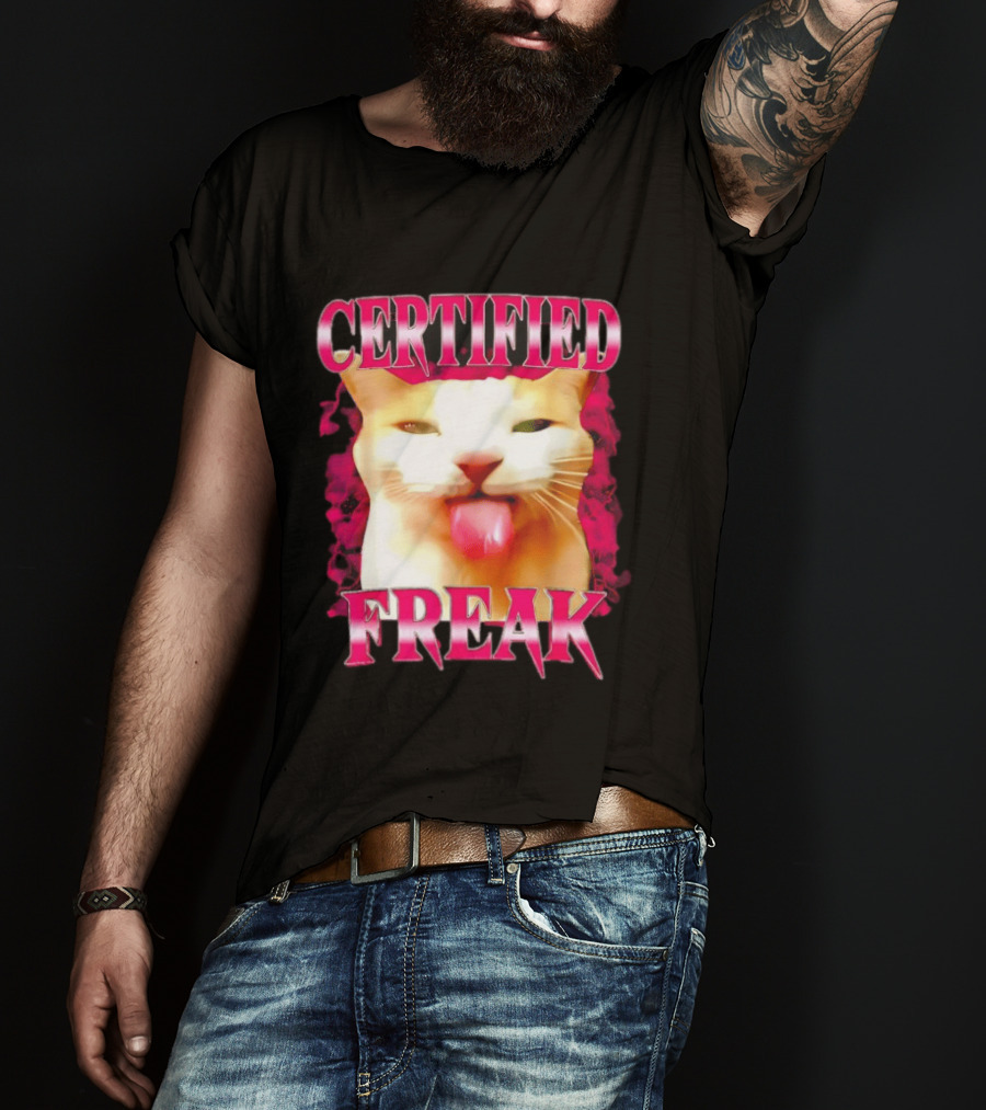 Certified Freak Cat Tongue Out Pink Edge T-Shirt