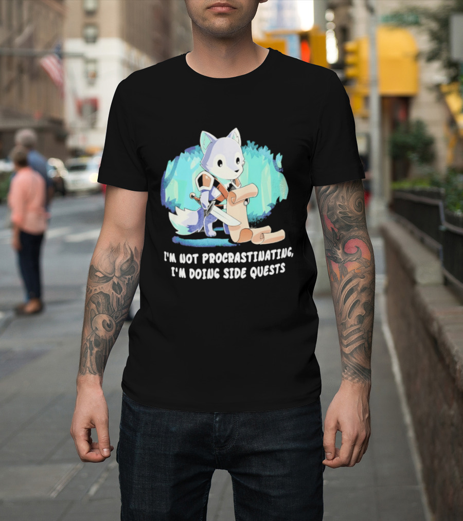 I'm Not Procrastinating I'm Doing Side Quests Cute Fantasy Wolf Cartoon T-Shirt
