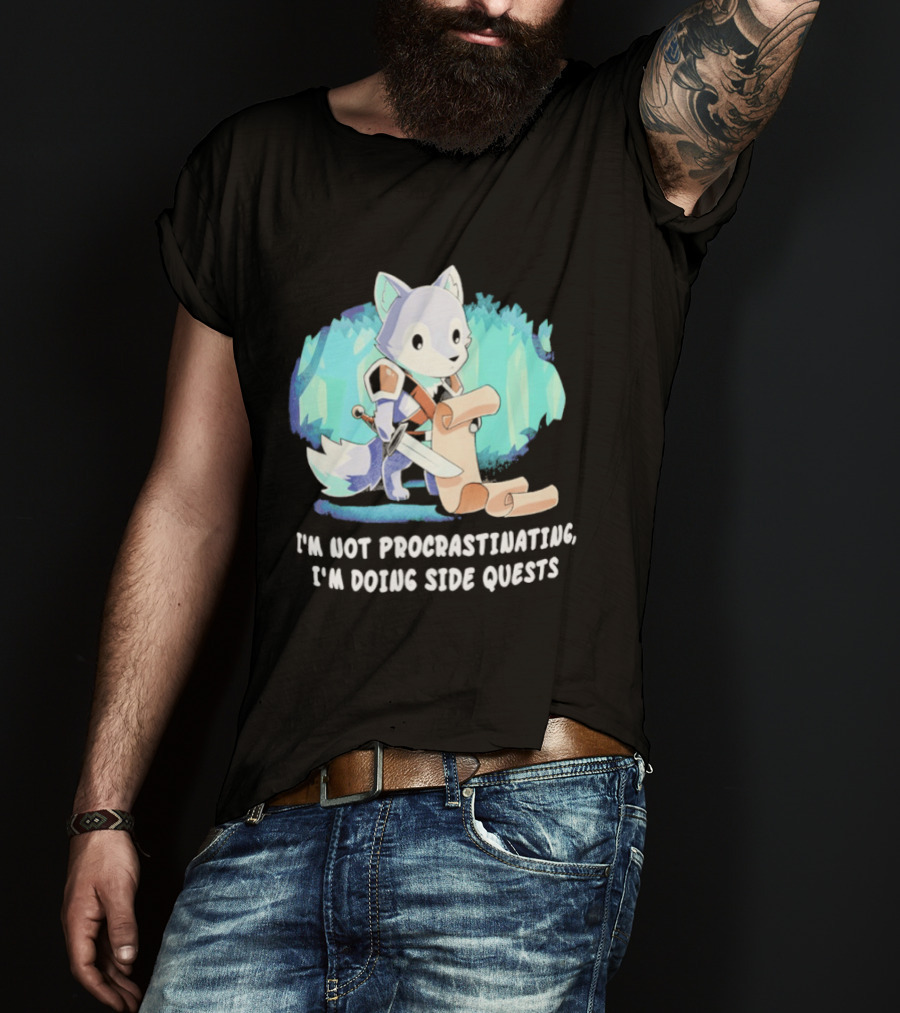I'm Not Procrastinating I'm Doing Side Quests Cute Fantasy Wolf Cartoon T-Shirt
