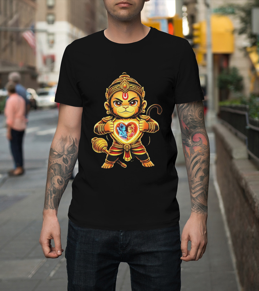 Hanumanji Hanuman Hindu Monkey God Devotee Illustration With Heart Symbol And Ram Sita T-Shirt