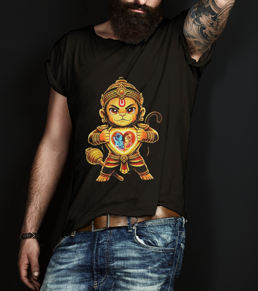 Hanumanji Hanuman Hindu Monkey God Devotee Illustration With Heart Symbol And Ram Sita T-Shirt