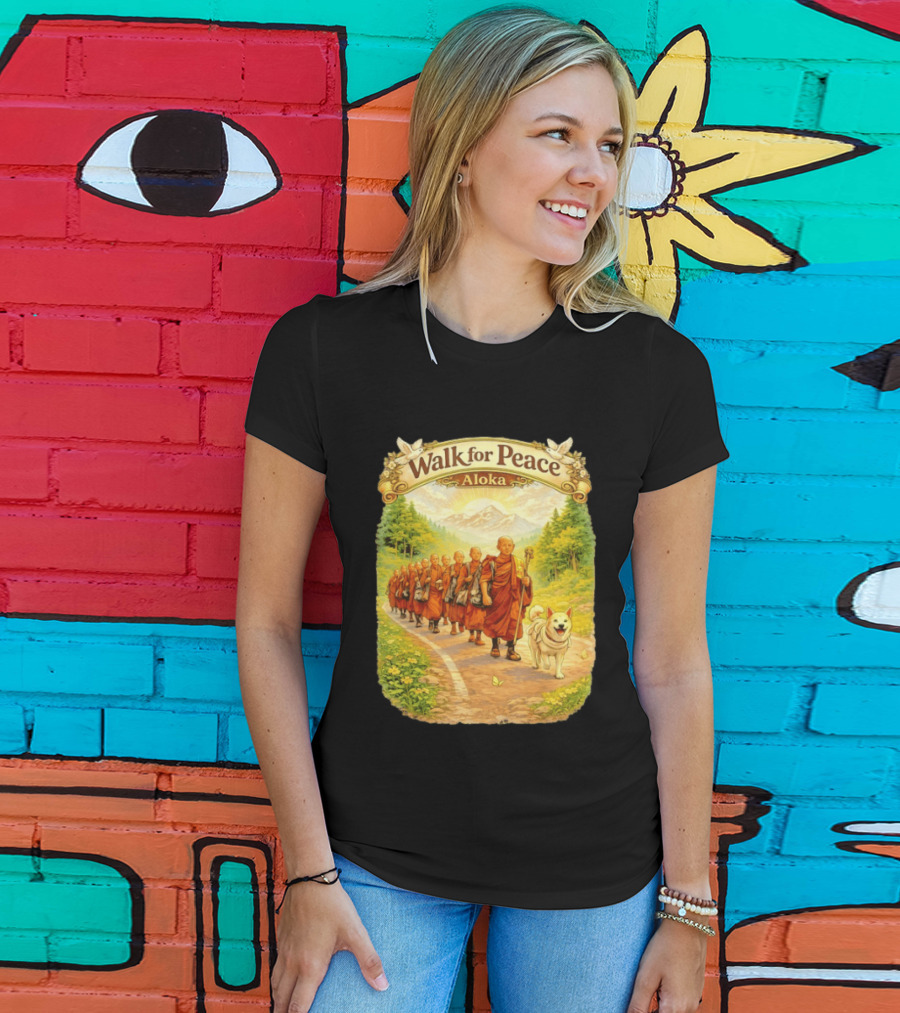Walk For Peace Aloka Monks With Dog In Nature Trail T-Shirt