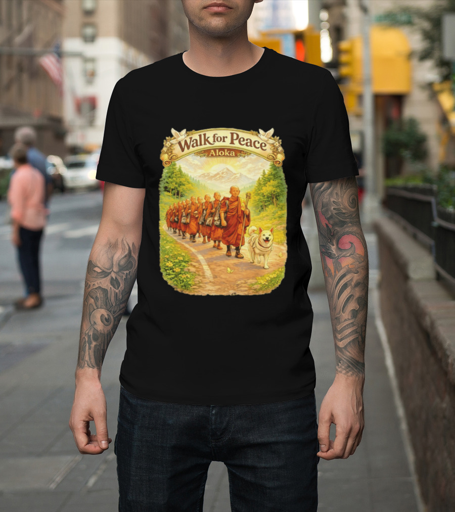 Walk For Peace Aloka Monks With Dog In Nature Trail T-Shirt