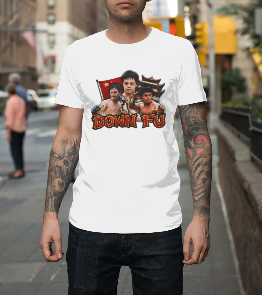 Down Fu Martial Arts Style With Fighters And Chinese Pagoda T-Shirt