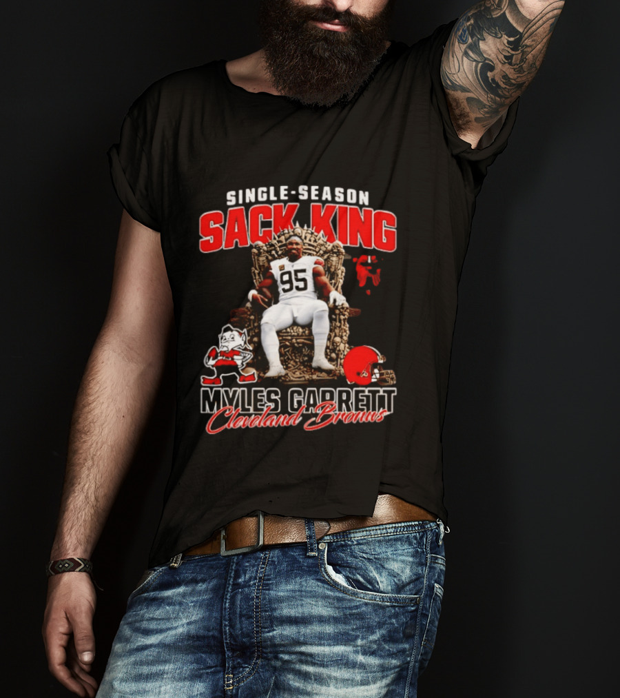 Single Season Sack King Myles Garrett Cleveland Browns 95 Throne Motif T-Shirt