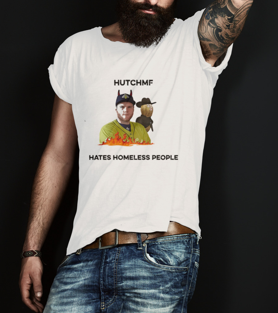 Hutchmf Hates Homeless People Devil Horns Yellow Jersey Flames T-Shirt