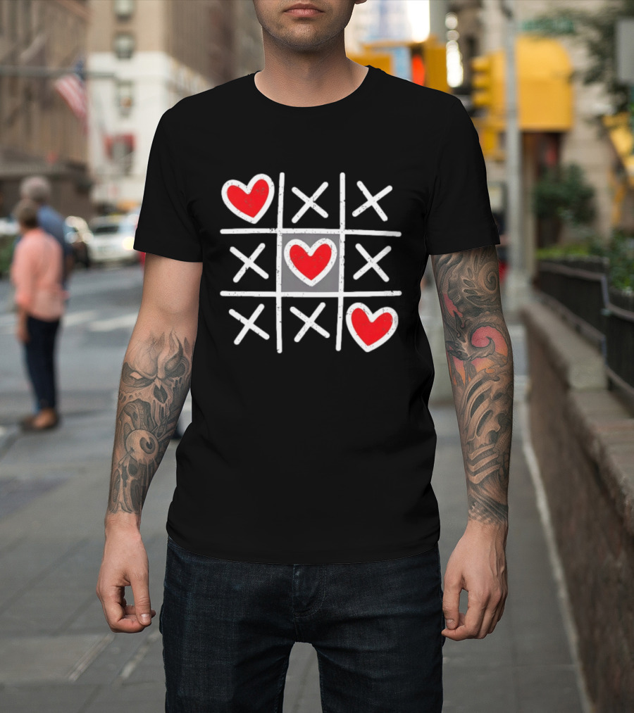 Tic Tac Toe XO Hearts Love Valentine Day Red Heart Crosses T-Shirt