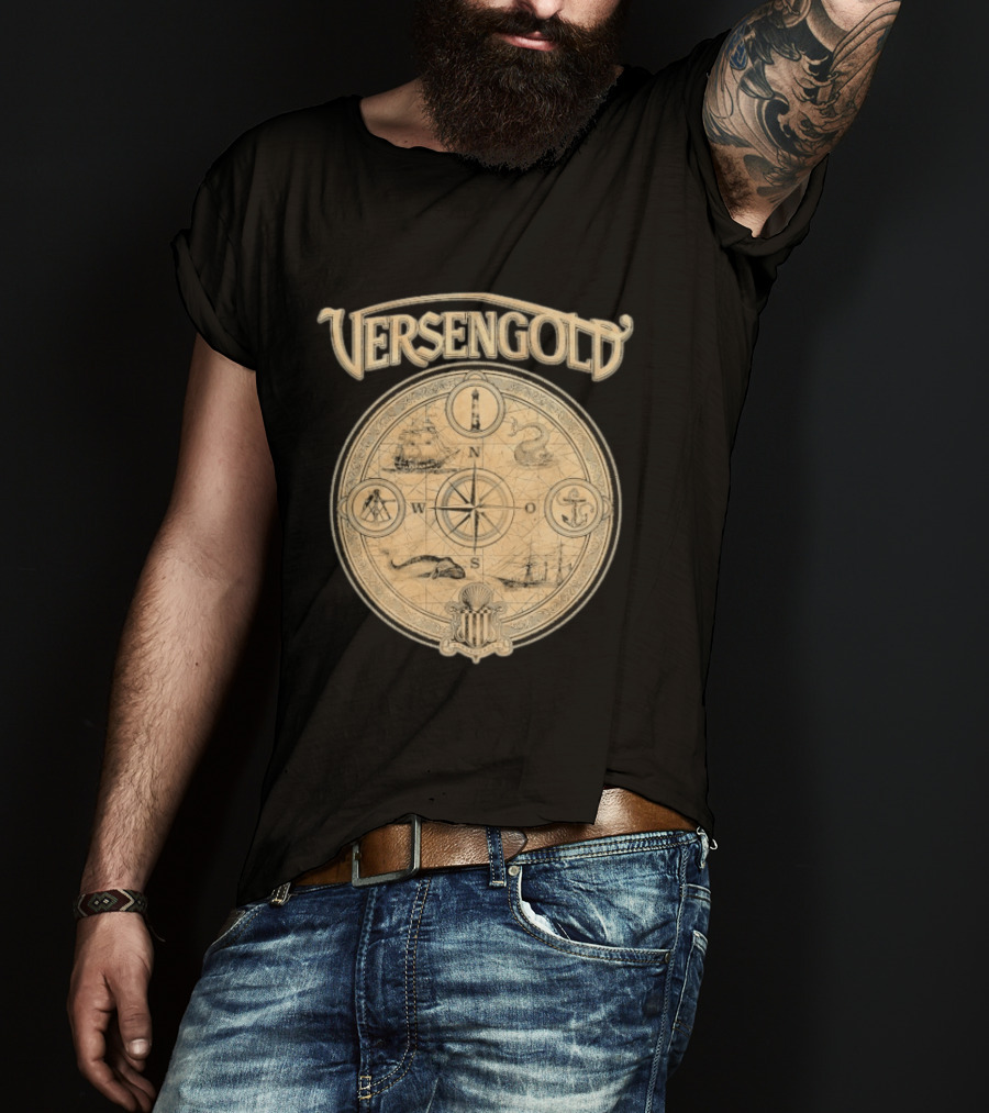Versengold Nautical Compass Map With Ship Whale Anchor Lighthouse Chart T-Shirt