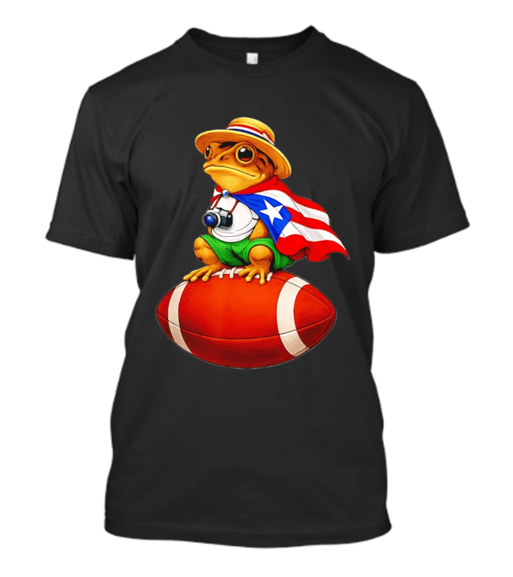 Puerto Rico Coqui Frog With Hat And Flag Sitting On Football T-Shirt