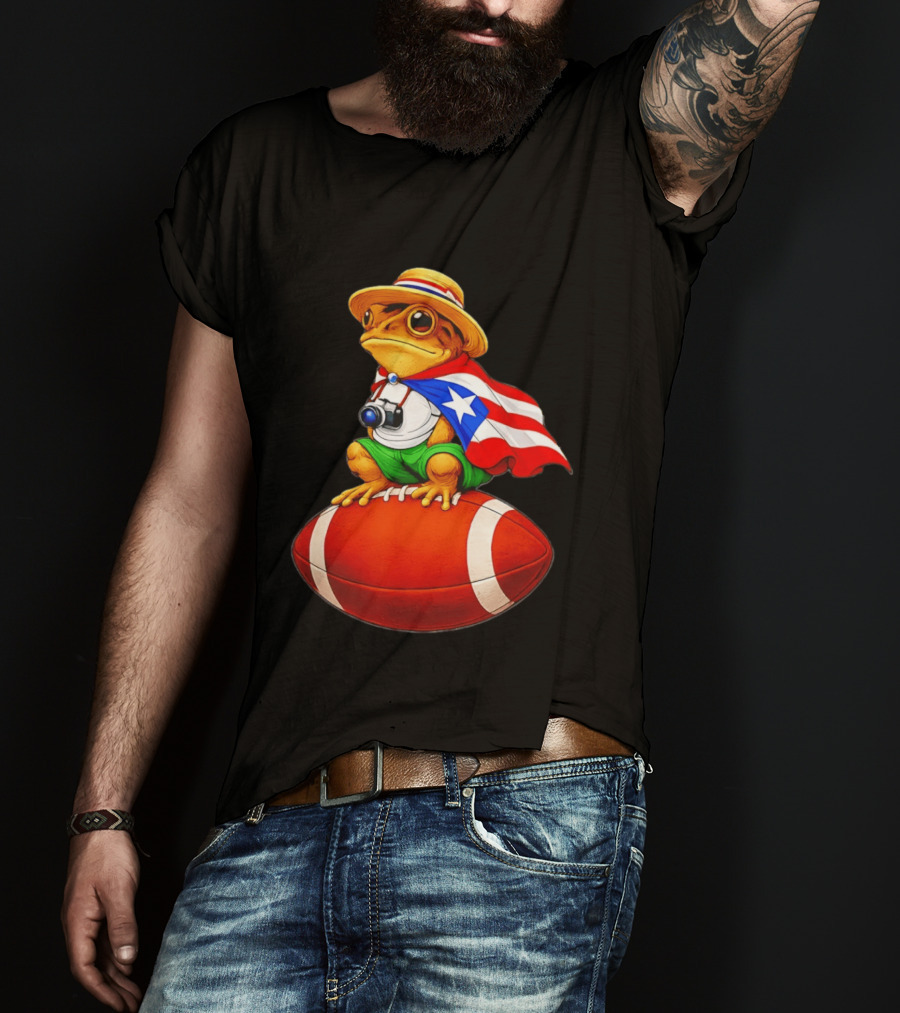 Puerto Rico Coqui Frog With Hat And Flag Sitting On Football T-Shirt