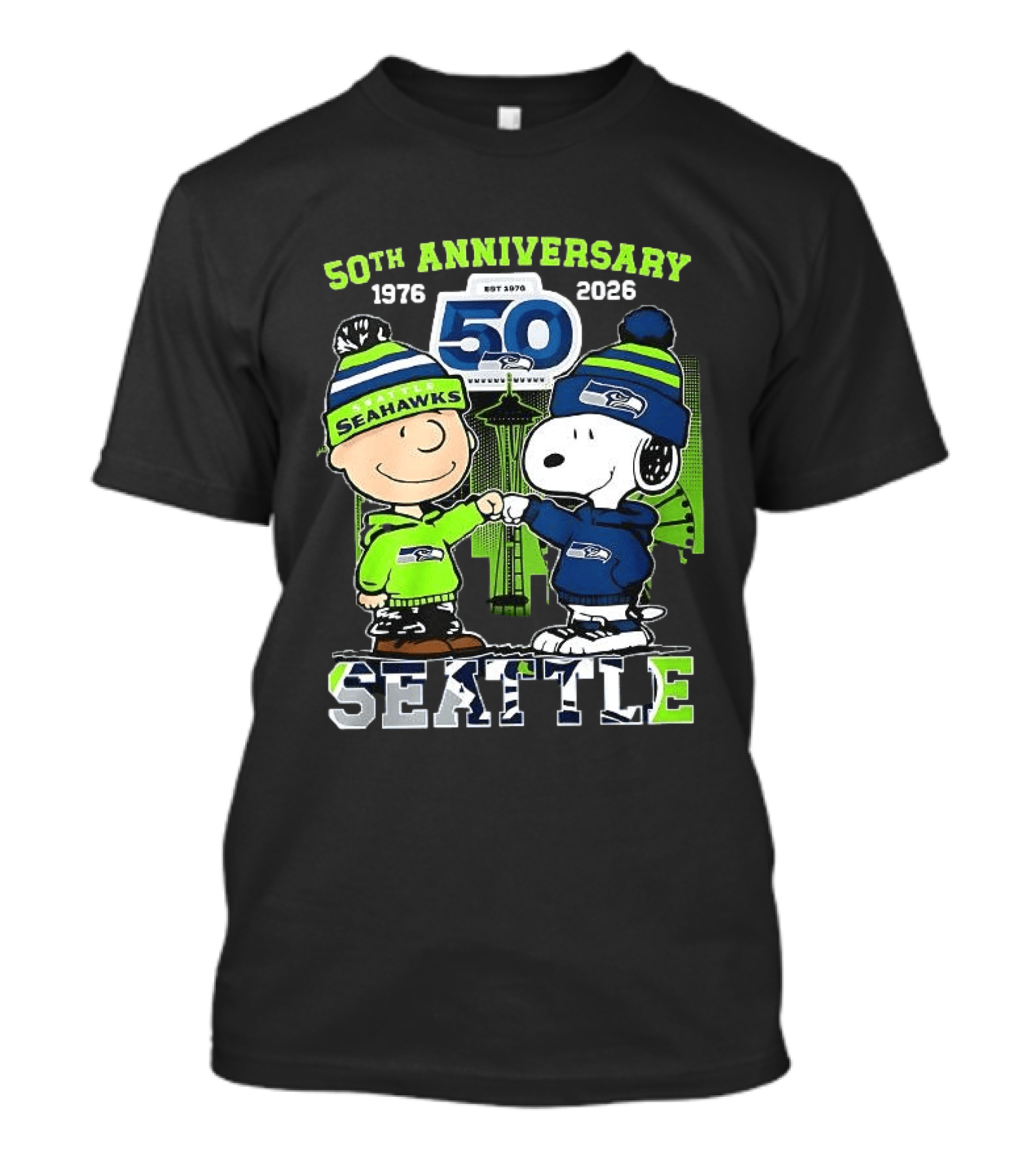 Seattle Seahawks 50th Anniversary 1976 2026 Charlie Brown Snoopy T-Shirt