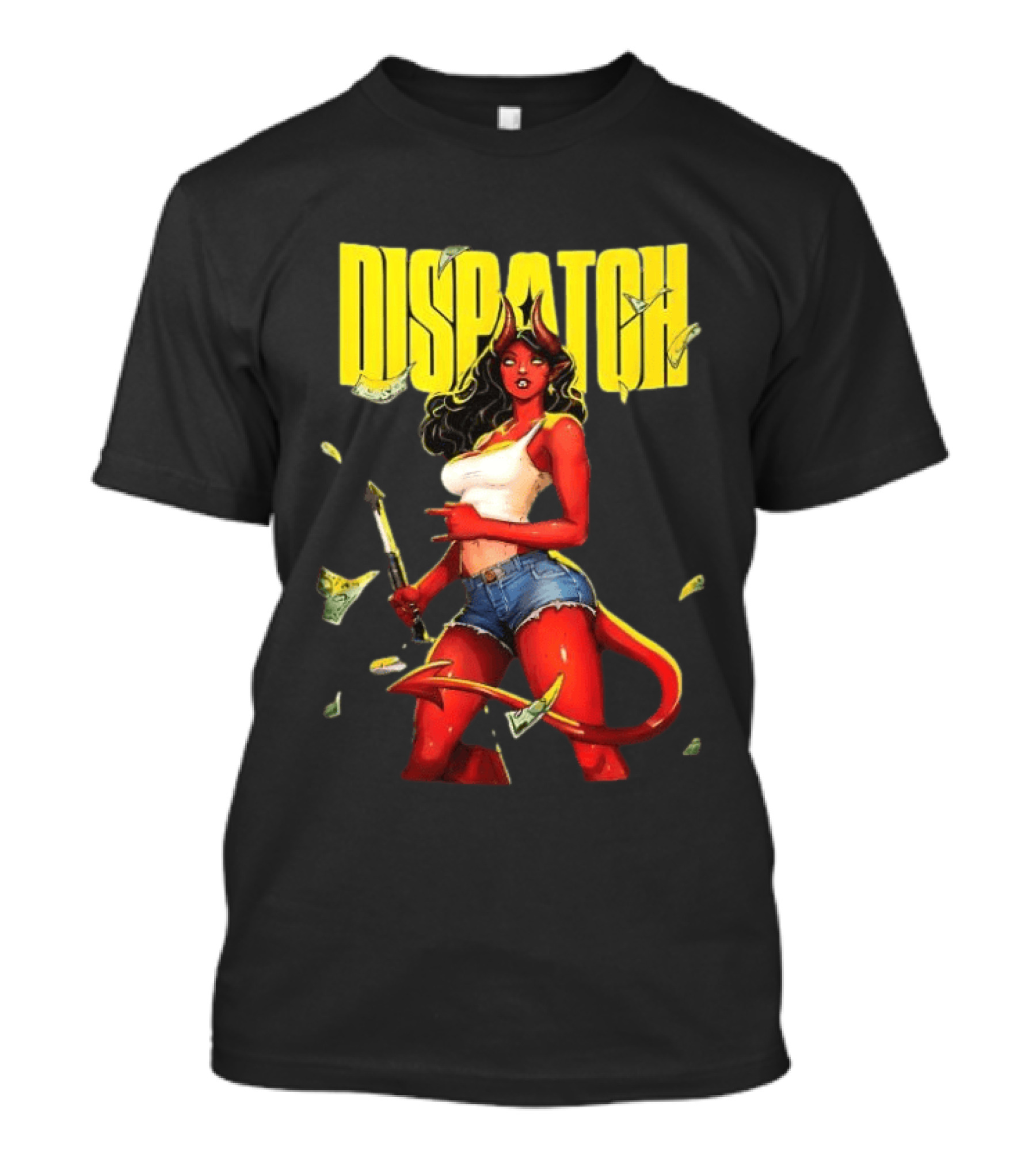 Parky Dispatch Malevola Devil Woman In Denim And White Top With Yellow T-Shirt