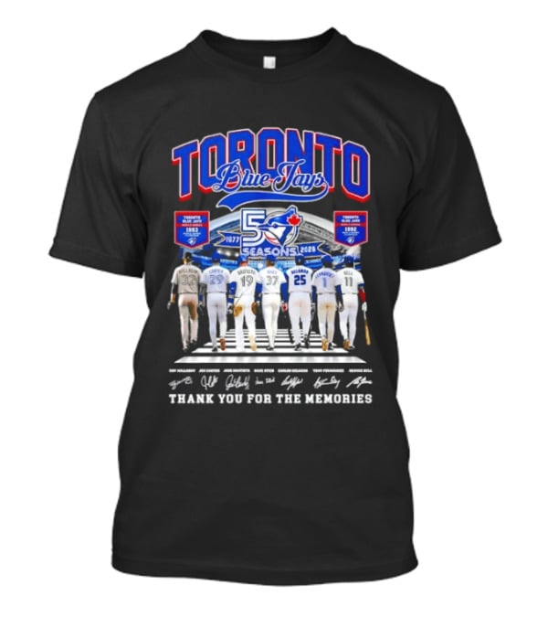 Toronto Blue Jays Blue 50 Seasons 1977 To 2026 Commemorative Signatures Thank You For The Memories T-Shirt