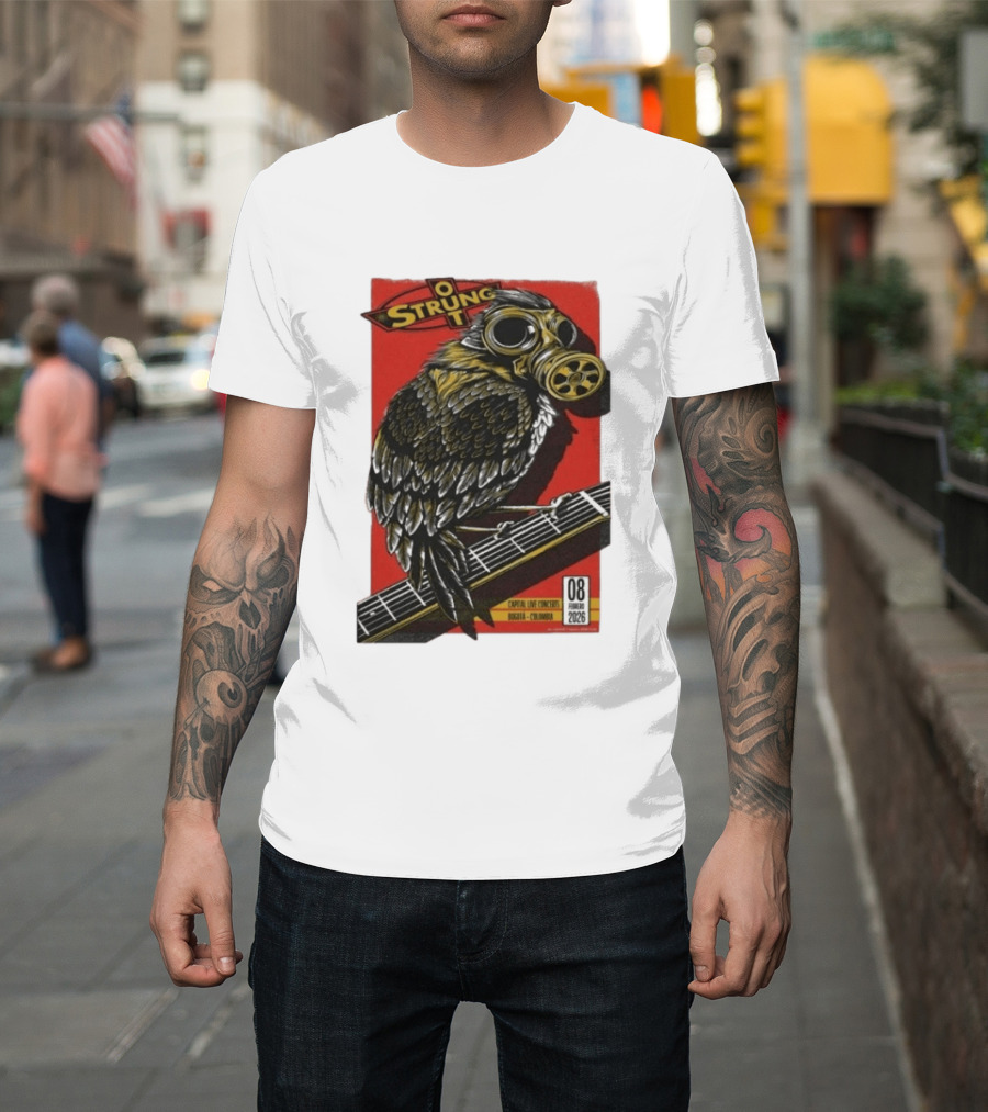 Strung Out Feb 8 2026 Bogota Colombia Bird Gas Mask Concept Concert Tour T-Shirt