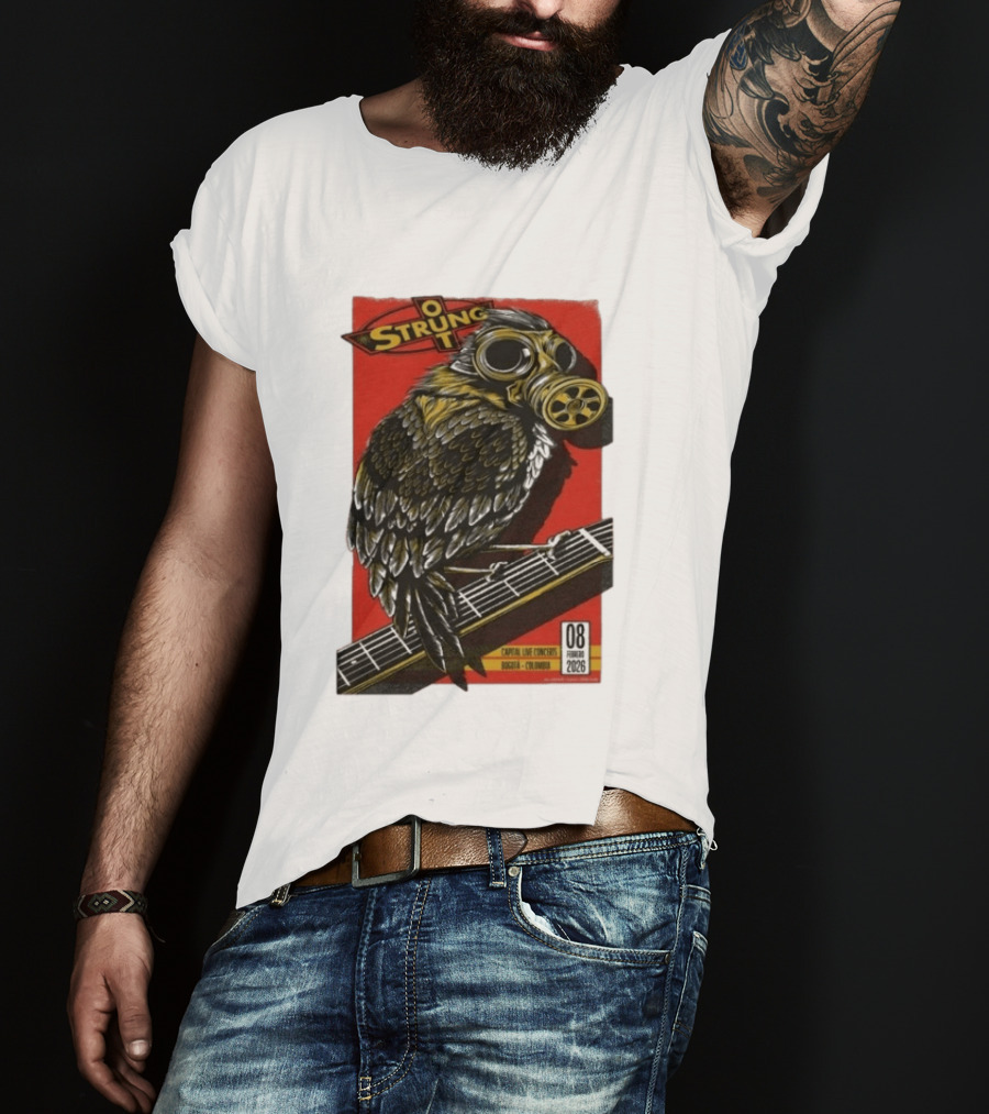 Strung Out Feb 8 2026 Bogota Colombia Bird Gas Mask Concept Concert Tour T-Shirt