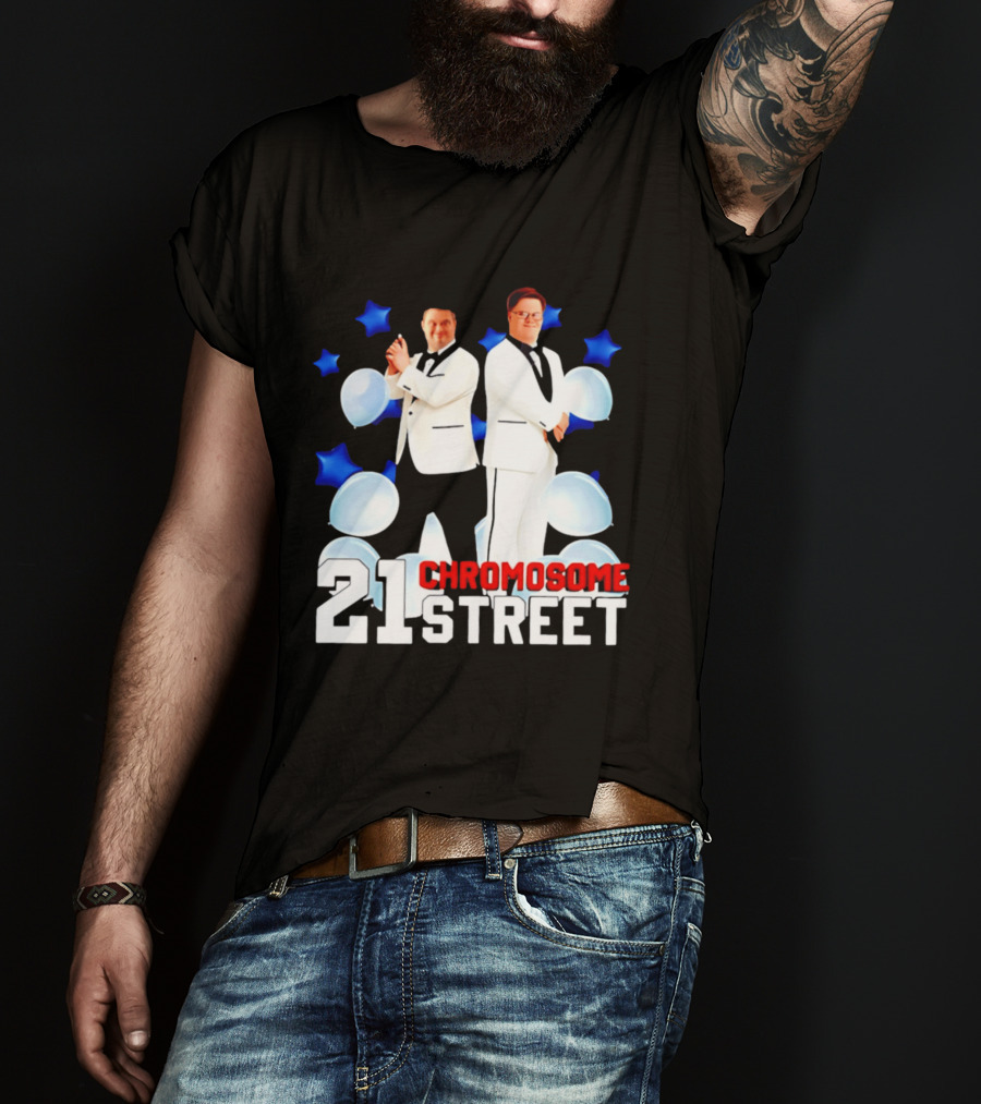 21 Chromosome Street Down Syndrome Stars Balloons White Suits T-Shirt