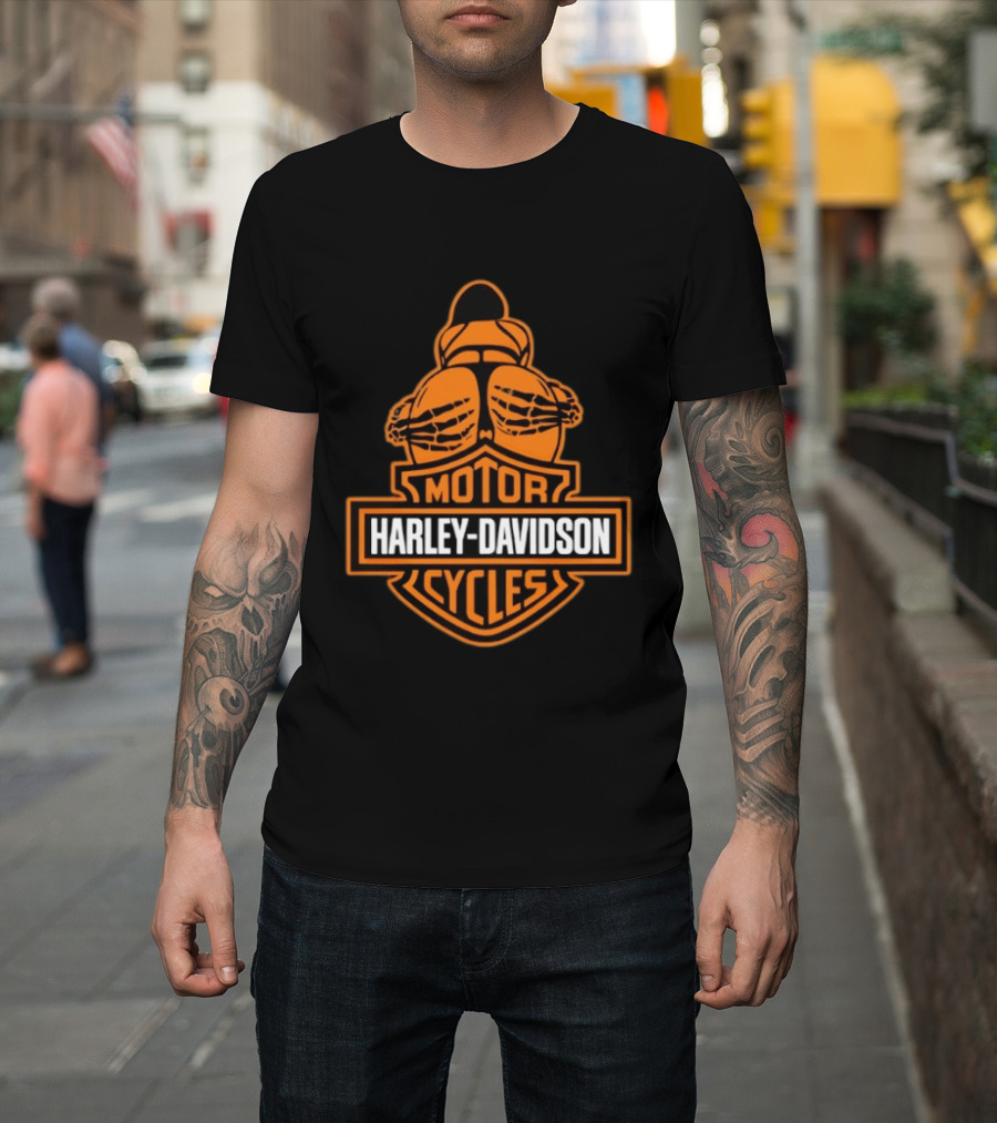 Harley Davidson Motor Cycles Skeleton Back Biker Patch T-Shirt
