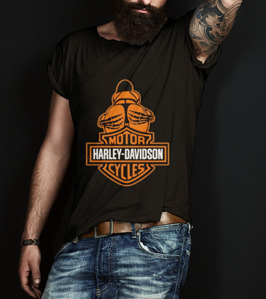 Harley Davidson Motor Cycles Skeleton Back Biker Patch T-Shirt