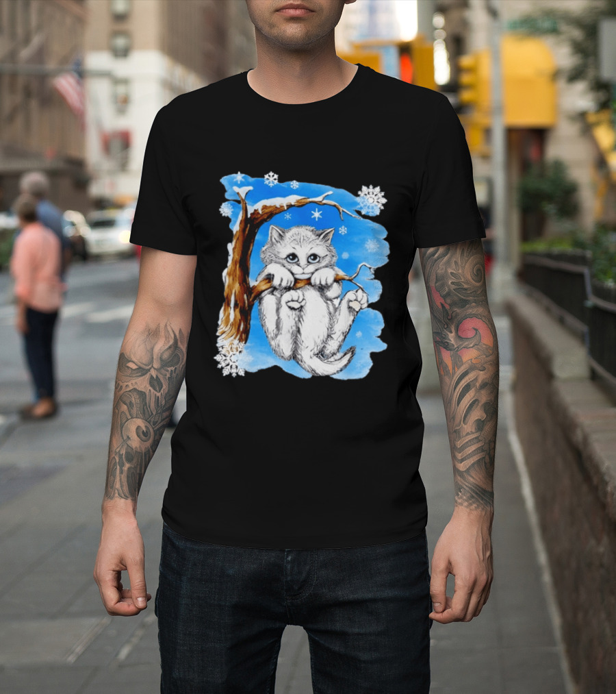 Hang in There Baby Cat in Snow with Snowflakes and Blue Sky T-Shirt