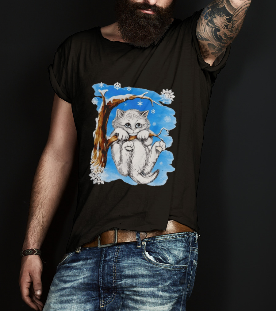 Hang In There Baby Cat In Snow With Snowflakes And Blue Sky T-Shirt