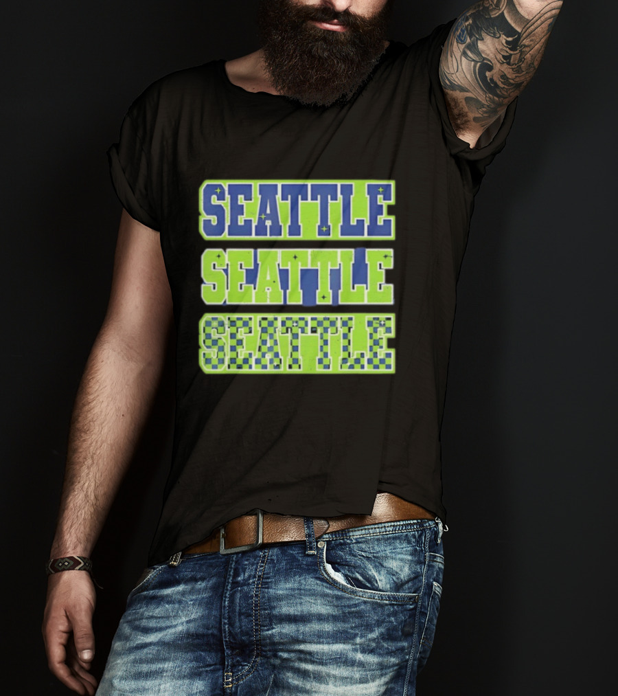 Seattle Blue Green Stars Checkerboard T-Shirt