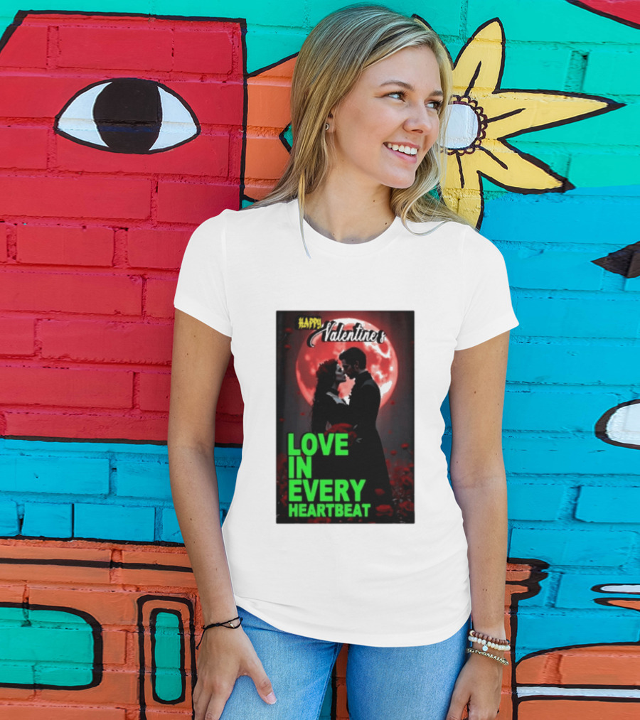 Happy Valentine's Love In Every Heartbeat Romantic Moonlight T-Shirt