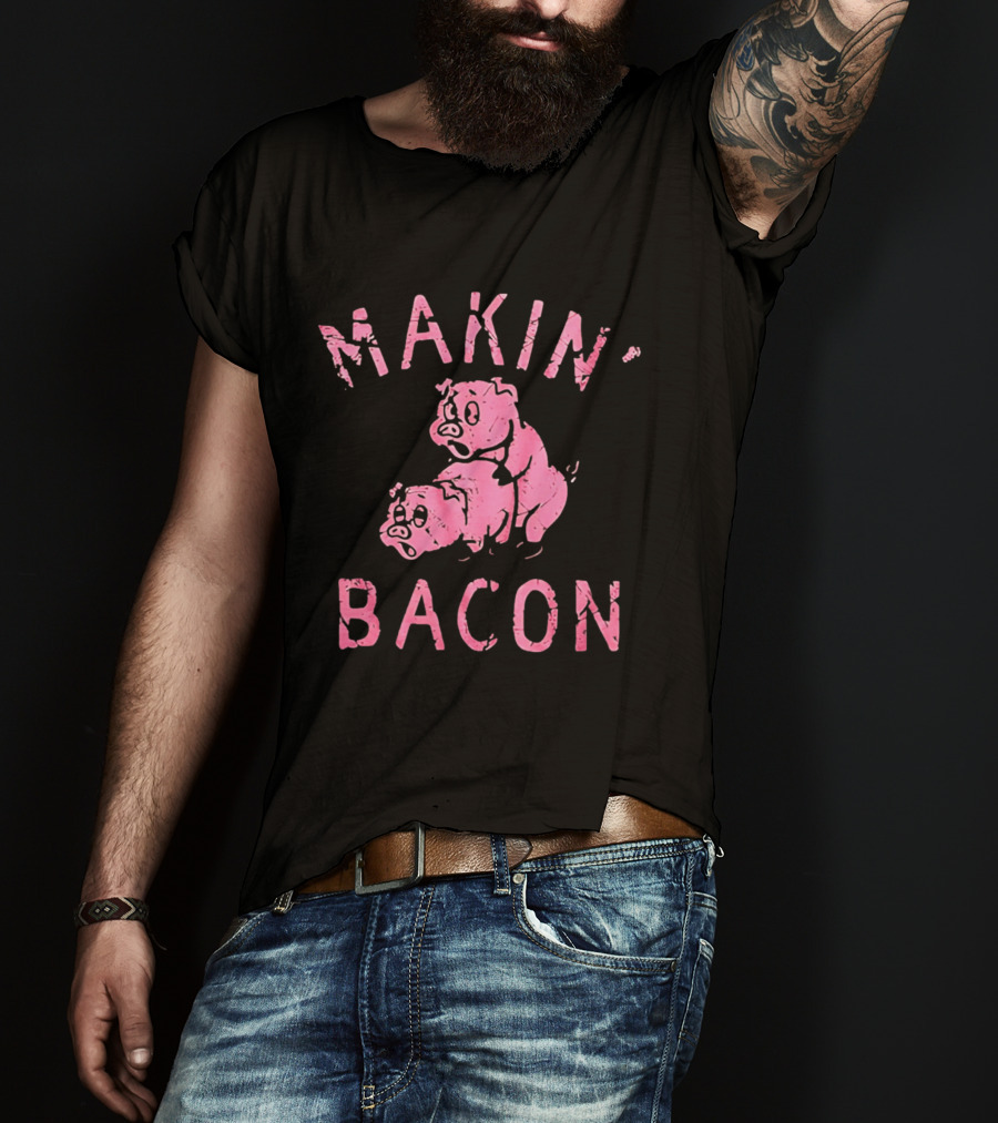 Makin Bacon Pigs Humorous Retro Graphic Pink T-Shirt