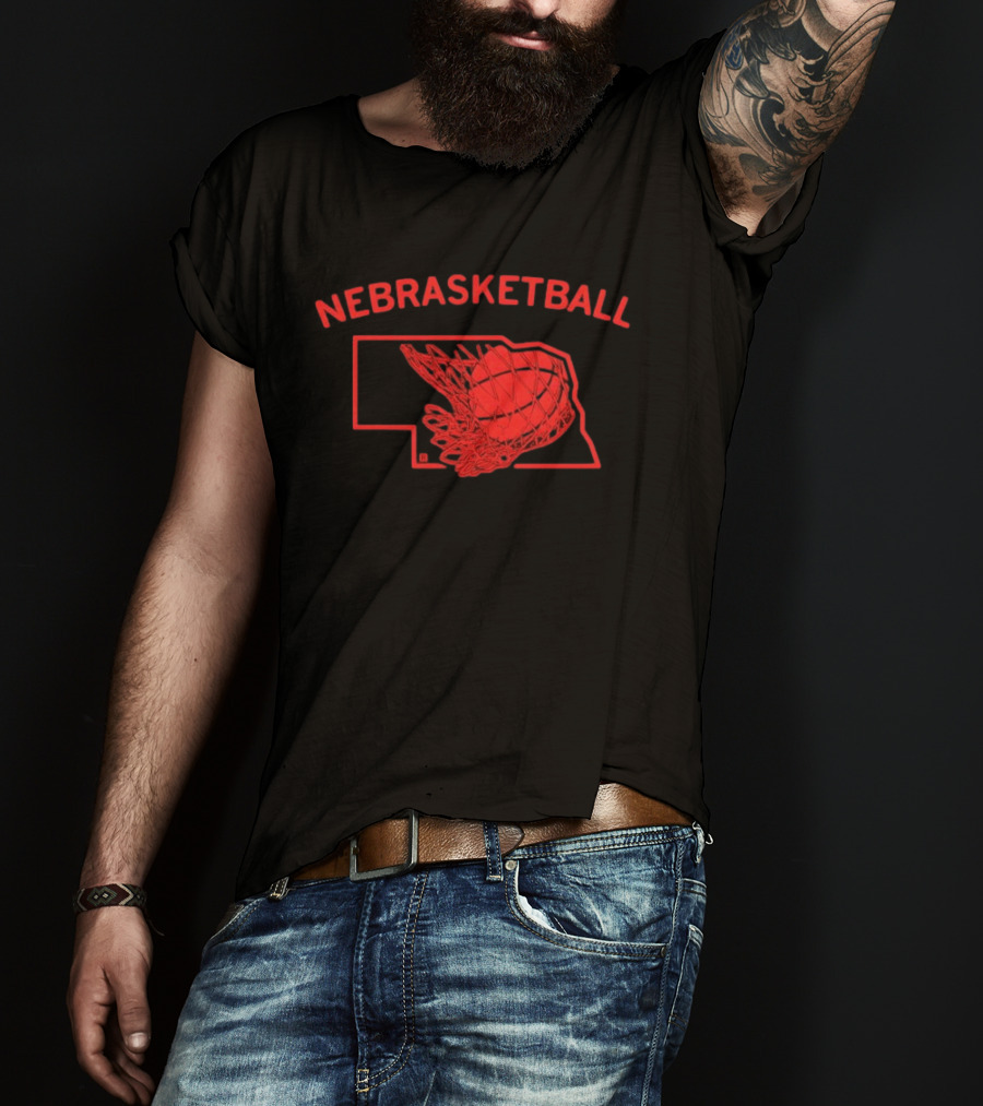 Nebrasketball Nebraska Basketball Red State Silhouette Basketball Net T-Shirt