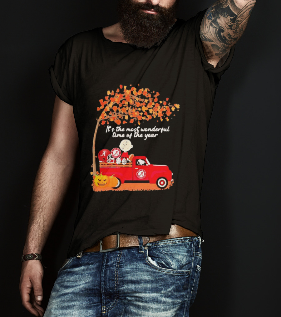 Peanuts Characters Alabama Crimson Tide Pickup Truck Fall Scene T-Shirt