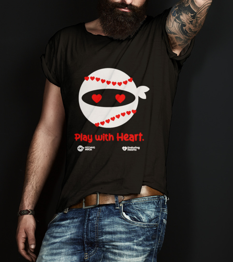 Pitching Ninja Play With Heart Red Love Hearts Baseball T-Shirt