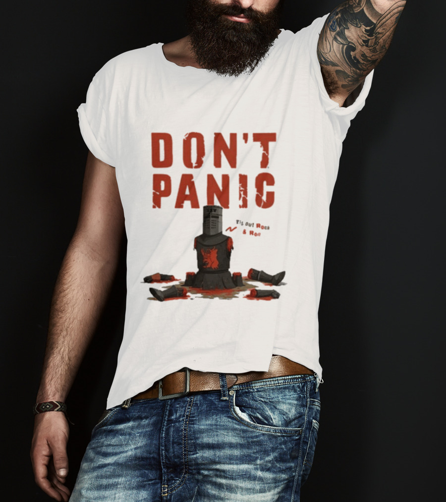 Don't Panic Monty Python Black Knight Sitting In Limbs T-Shirt