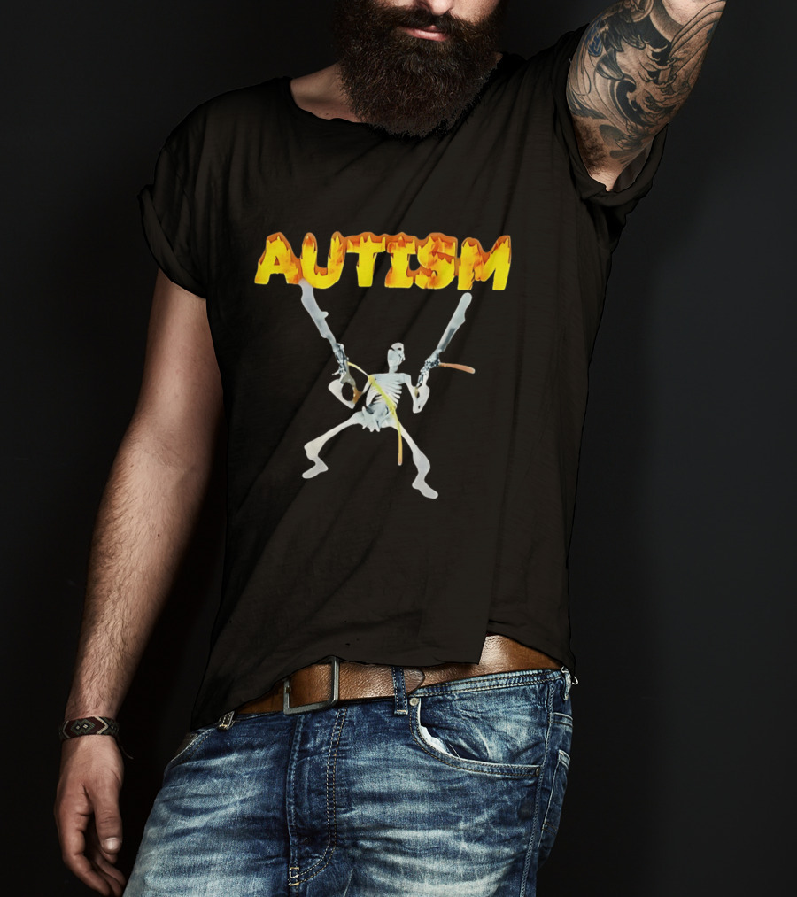 Autism Skeleton With Swords And Fire Letters T-Shirt