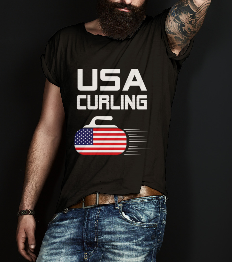 USA Curling American Flag Stone T-Shirt