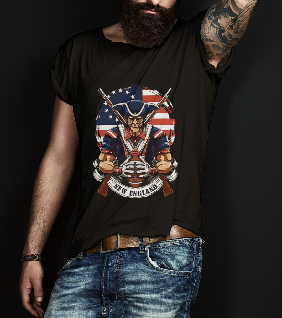 New England Patriots Revolutionary Soldier American Flag Football T-Shirt