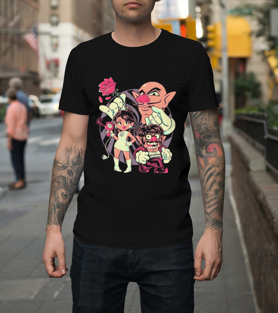 Henrique Torres Oh Be Wah Ve Vintage Cartoon Style Characters And Rose With Electric Plug T-Shirt