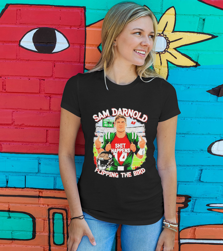 Sam Darnold Shit Happens 14 Flipping The Bird Stadium 42 14 T-Shirt