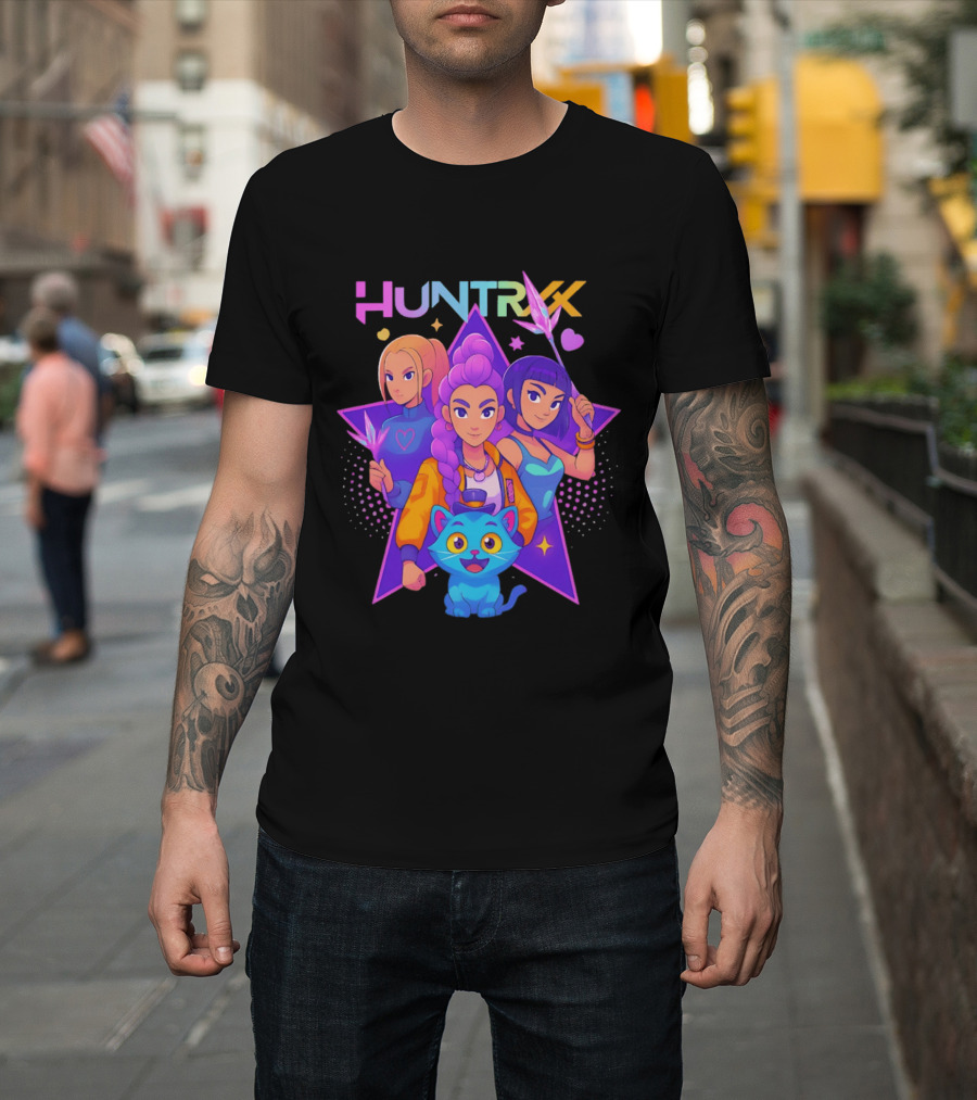Huntrx Anime All Characters Vibrant Magical Trio And Blue Cat With Crystal Stars T-Shirt