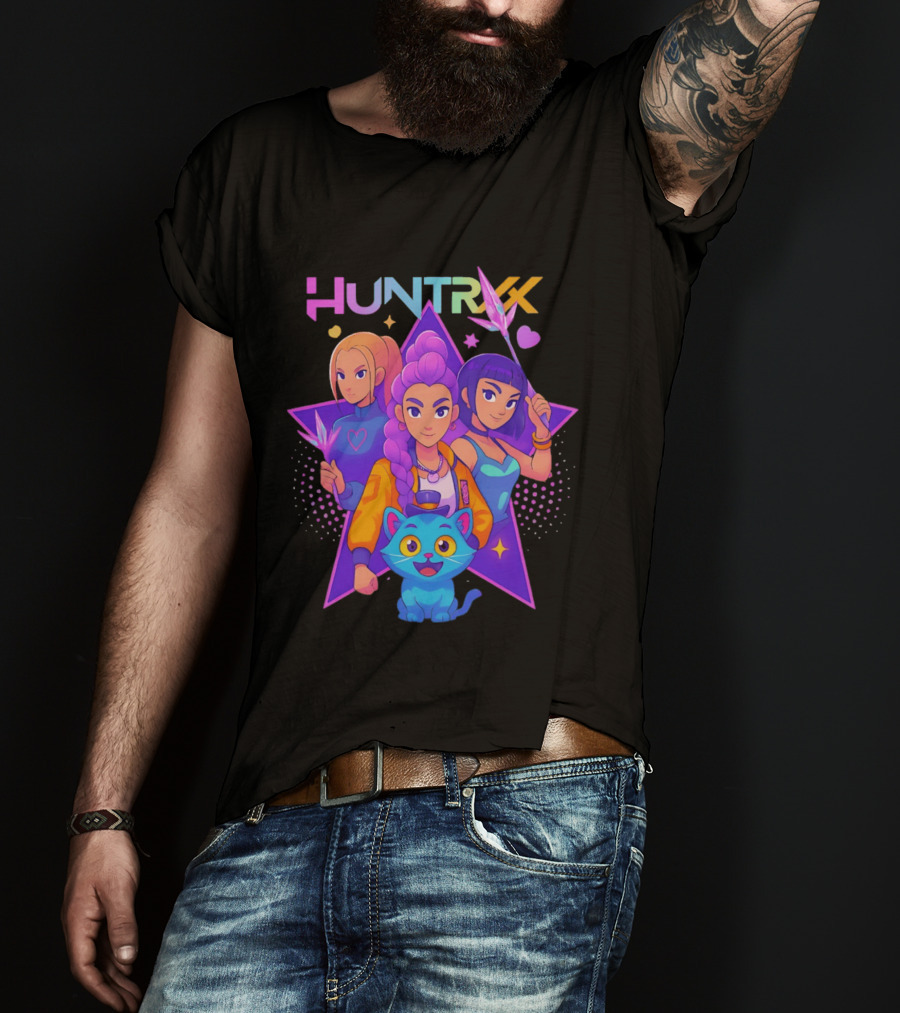 Huntrx Anime All Characters Vibrant Magical Trio And Blue Cat With Crystal Stars T-Shirt