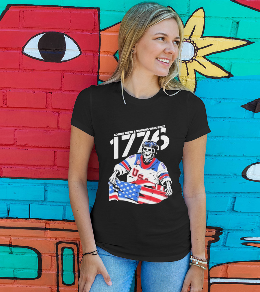 Losing Teeth Winning Wars Since 1776 USA Hockey Skeleton American Flag T-Shirt