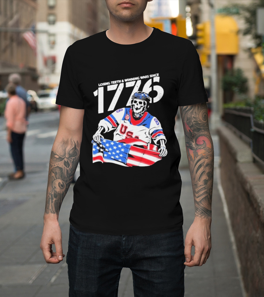 Losing Teeth Winning Wars Since 1776 USA Hockey Skeleton American Flag T-Shirt