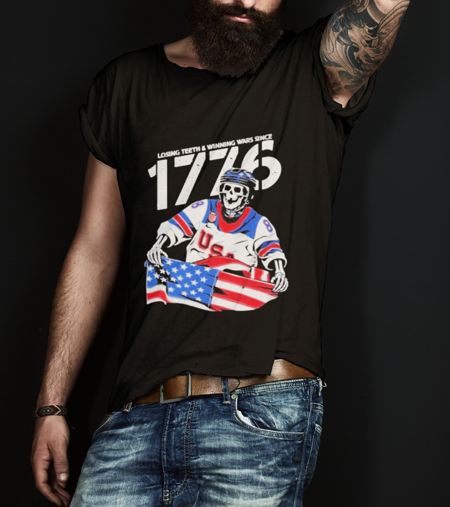 Losing Teeth Winning Wars Since 1776 USA Hockey Skeleton American Flag T-Shirt