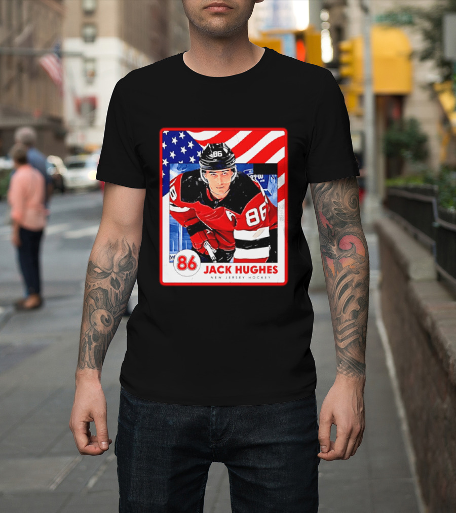 Jack Hughes 86 New Jersey Hockey American Flag T-Shirt