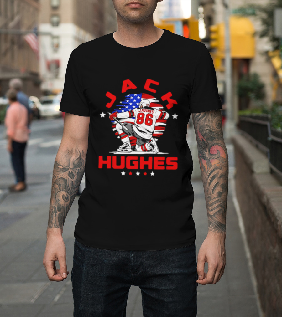 Jack Hughes 86 New Jersey Devils USA Flag Celebration T-Shirt