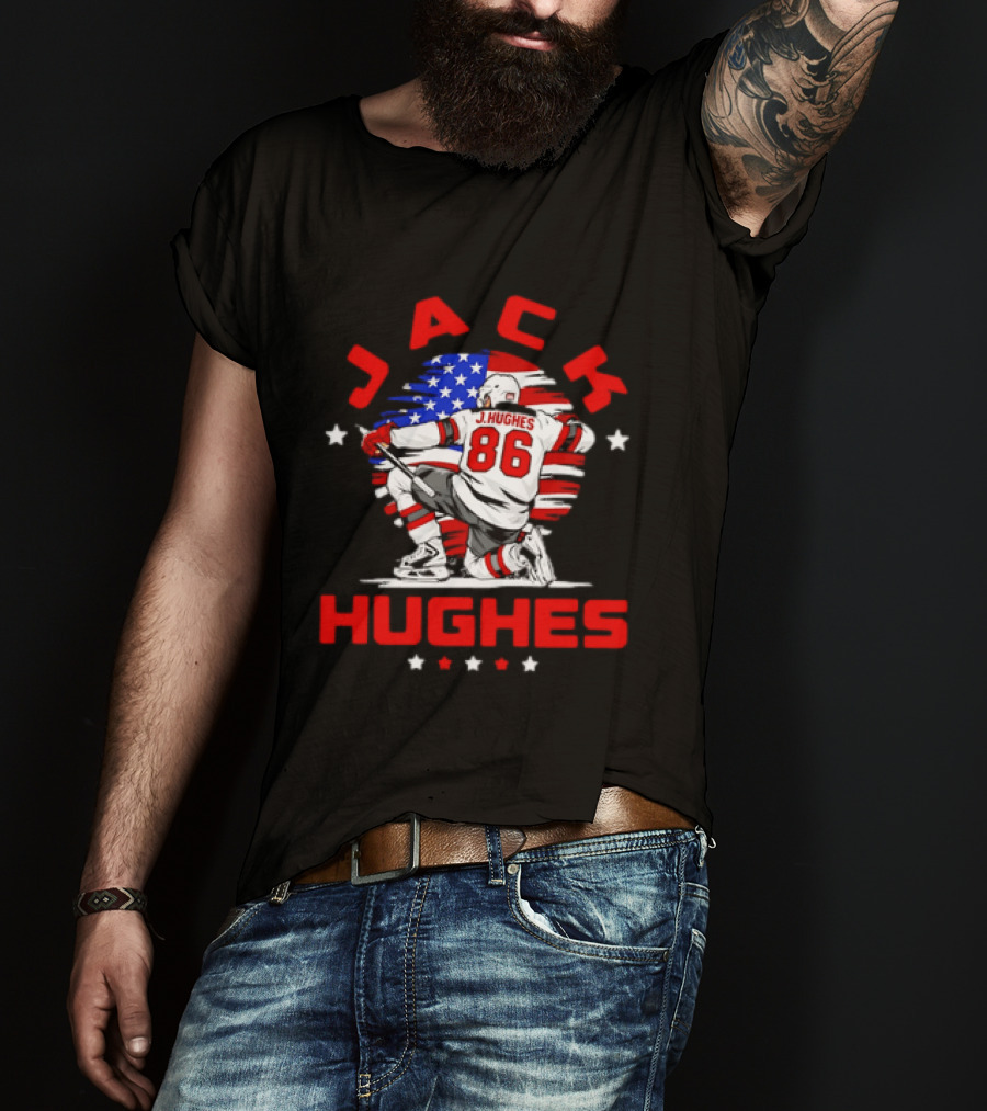 Jack Hughes 86 New Jersey Devils USA Flag Celebration T-Shirt