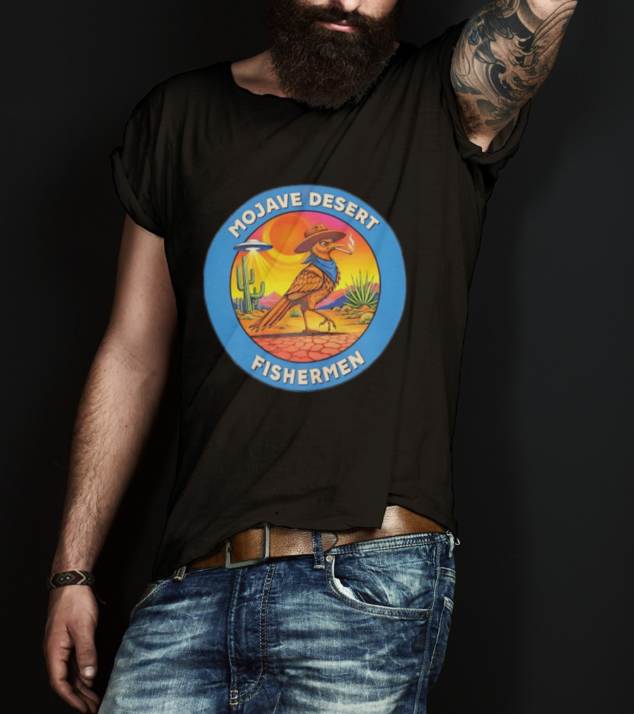 Mojave Desert Fishermen UFO Roadrunner Cowboy Sunset Cactus Circle T-Shirt