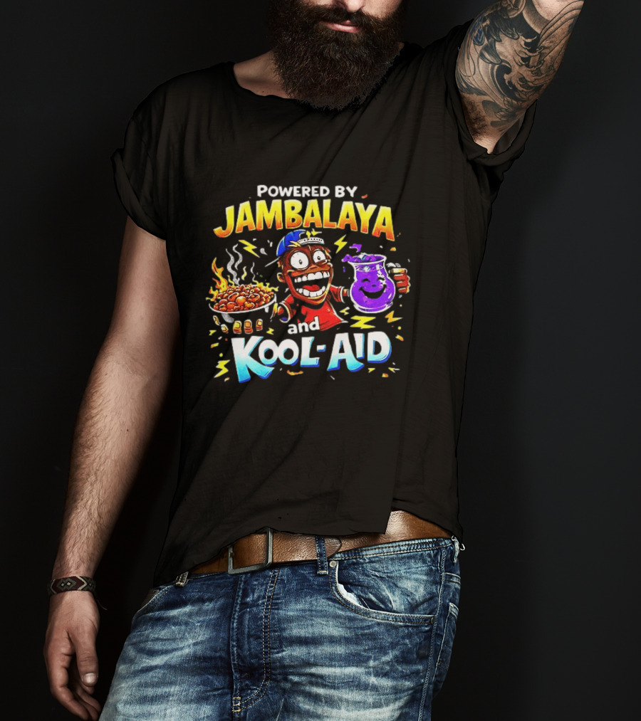 Powered By Jambalaya And Kool Aid Bold Colors Cartoon Character Fun T-Shirt